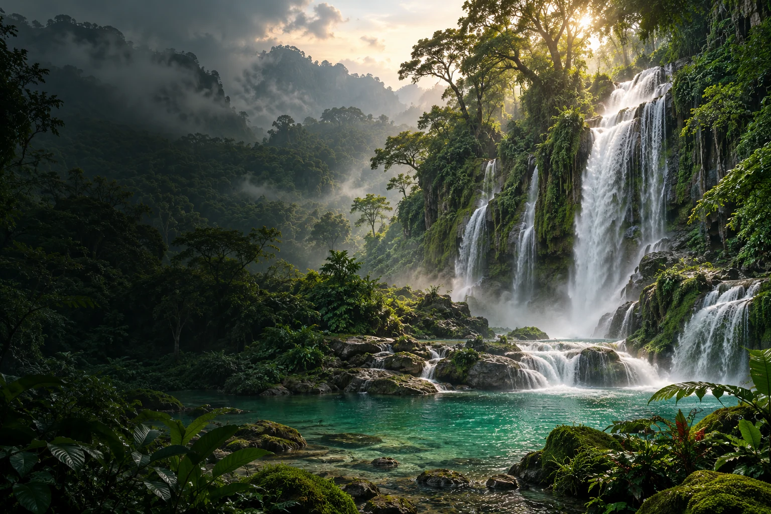 Paisaje selvático conceptual con cascadas, árboles y bruma.